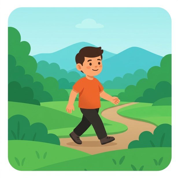 Un chico caminando por un sendero entre colinas verdes